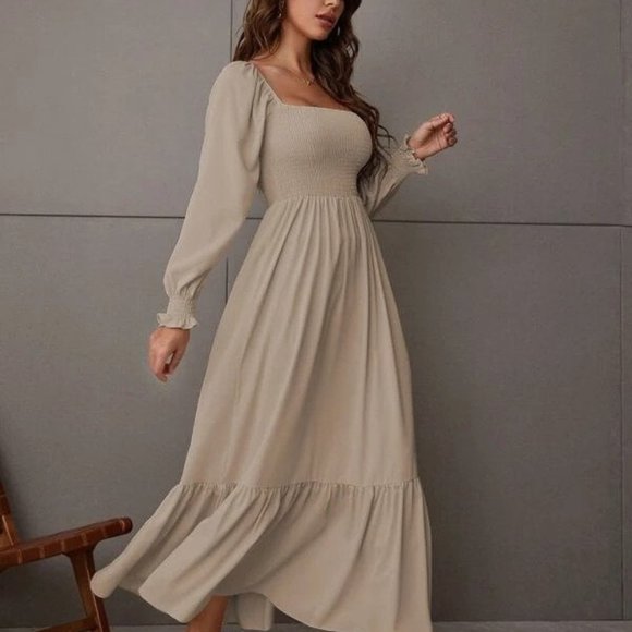 Boho Khaki Square Neck Shirred Ruffle Hem Dress - Picture 2 of 5